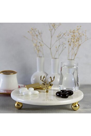 Akayev Marble 20 cm White Gold Bead Footed Deer Presentation Plate