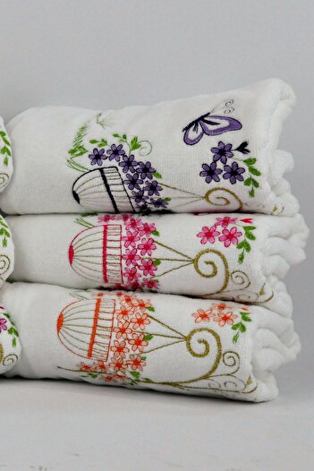 Şelale Hand Towel Camellia Pattern 6-Piece 50x90 Velvet Corner Embroidered Towels
