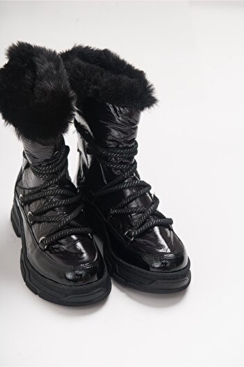 Luvi 23 Γυναικείες μπότες μαύρες γούνες Lace Up