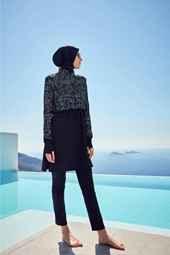 Haşema Esila Holiday Theme Patterned Gilet Full Hijab Swimsuit Top