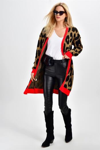 AQE FASHION Camel Leopard Patterned Red Cardigan