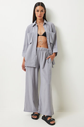 Happiness İstanbul Gray Linen Blended Wide Pocket Women's Shirt and Trousers Set - FN03205