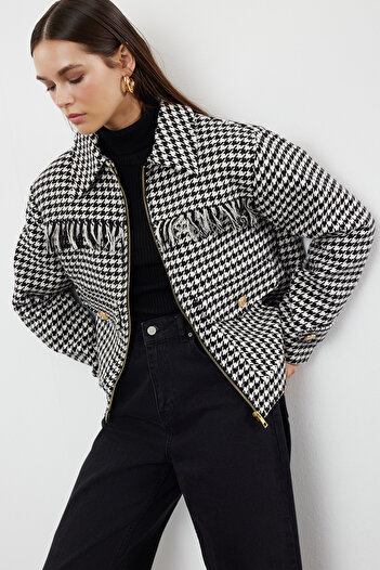 Trendyol Collection Black Tassel Detailed Houndstooth Patterned Seasonal Jacket - Twoaw25Mo00067