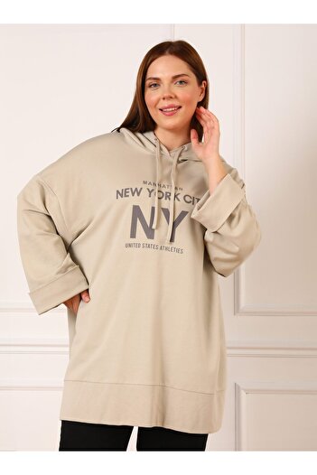 ALİA Oversize Hooded Sweatshirt - Stone Color, Print Detail, Large Size - Alia
