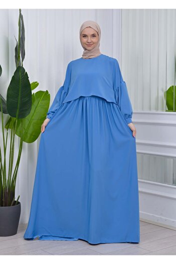 Modamix Sleeved lace-up Plain Hijab Dress 831