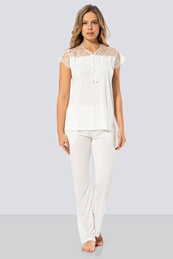 TÜREN Lace Detailed Short Sleeve Women's Pajamas Set - Button Collar