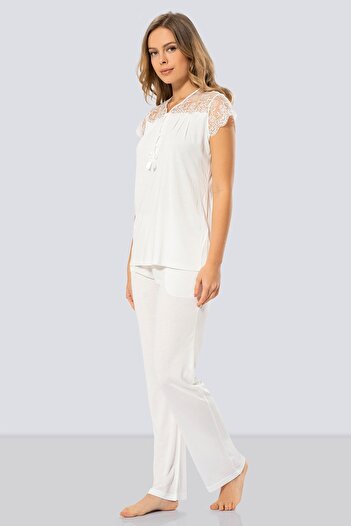TÜREN Lace Detailed Short Sleeve Women's Pajamas Set - Button Collar