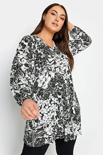 Stil Diva Μπλούζα Lycra με βολάν με λαιμόκοψη - Plus Size, Μακρυμάνικο, Λαστιχένιο αστράγαλο 302954