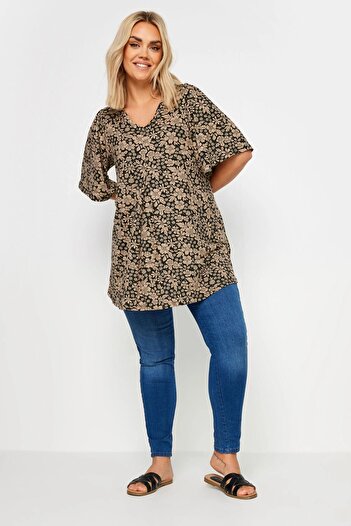 Stil Diva V-Neck Patterned - Asymmetric Cut Lycra Plus Size Blouse303251