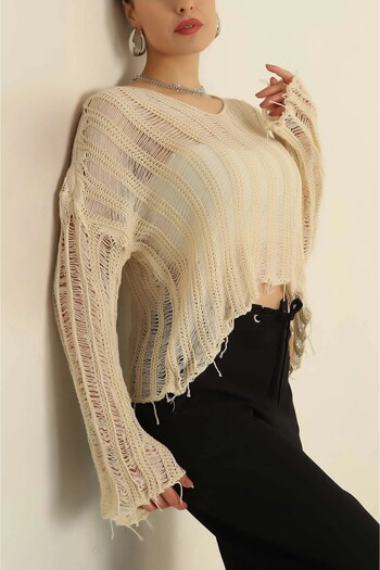 miratriko V-Neck Openwork Knitwear Seasonal Sweater - Tasseled