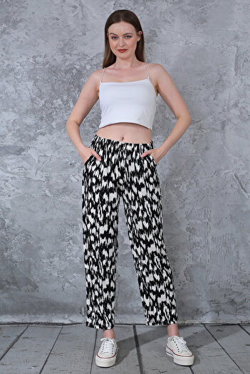 Fiftyone Wear Black Viscose Summer Trousers - Regular Leg, Gray Pattern, Pockets and Elastic Waist