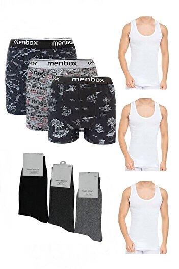 HARMAN TEKSTİL Total 9 Pieces Undershirt - Boxer - Sock Set 3 Boxer 3 Undershirt 3 Socks