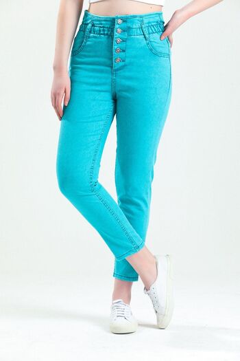 SHEVEGA Women's Turquoise Button Detailed Mom Jean Jeans (thin Fabric)