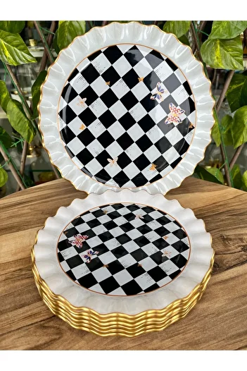GÜRCÜGLASS Cake Plate checkered pattern 7 pieces