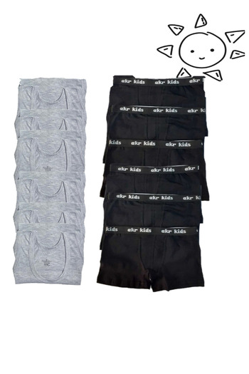 Pi Giyim 12'li Set Erkek Çocuk İç Giyim Takımı (6 Gri Atlet + 6 Siyah Boxer) Karışık Renk Pamuklu
