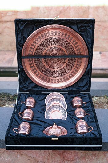 GABAALTI Gaziantep Copper Grape Turkish Coffee Cup Set for 6 People - Heavy Processed, Special Box