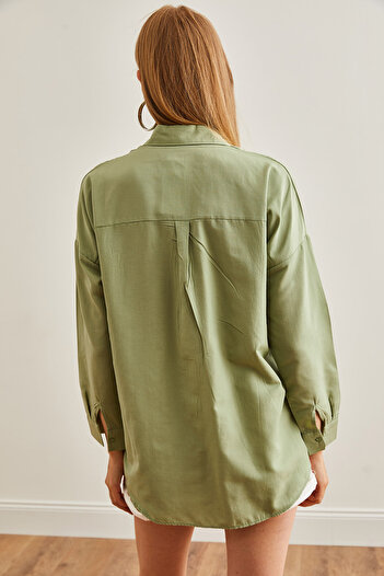Olalook Γυναικείο πουκάμισο Oversize Πράσινο Κεντημένο Καλούπι - GML-19001228