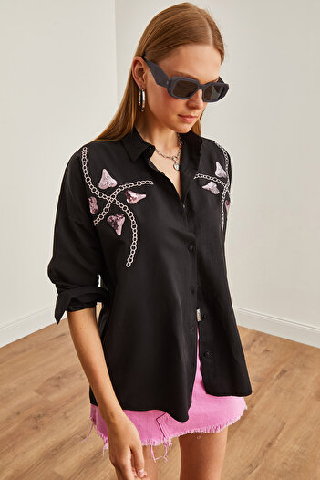 Olalook Heart Patterned Black Palm Shirt - GML-19001225