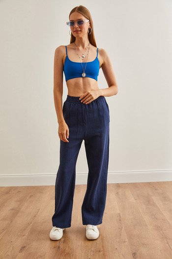 Olalook Navy Blue Muslin Women's Trousers - Pockets and Elastic Waist PNT-19000279