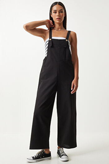 Happiness İstanbul Black Thin Gabardine Summer Jumpsuit - Women's Strappy Gardener KY00011
