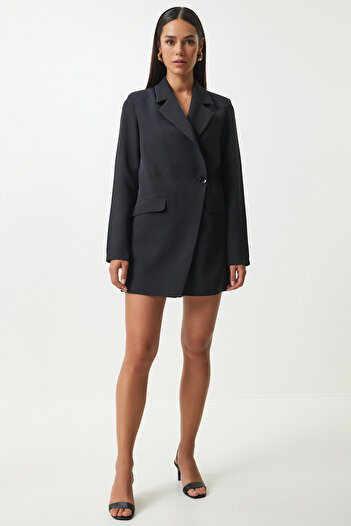 Happiness İstanbul Black Double-breasted Collar Boyfriend Dress - FN03220