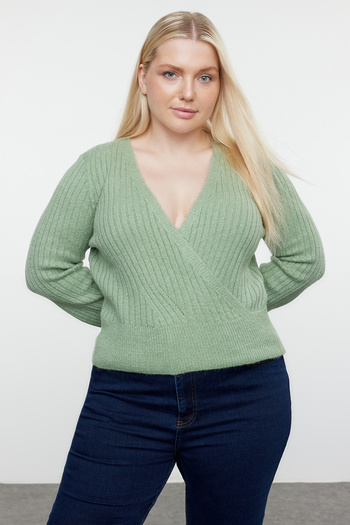 Trendyol Curve Mint Corded Crop Knitwear Sweater - Double Breasted Collar TBBAW25AN00025