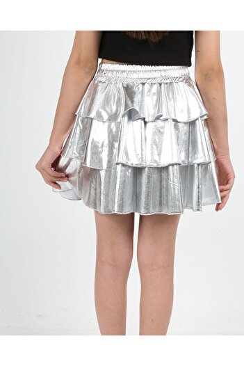 ERDEM KIDS Kız Çocuk Beli Lastikli Metalik Parlak Işıltılı 3 Katlı Fırfırlı Etek