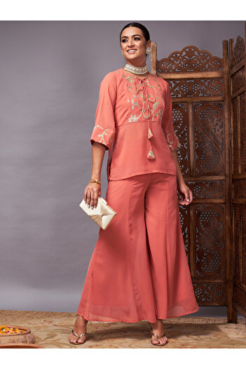 Sassafras By Styli Embroidered Tie Up Neck Top and Palazzos Set