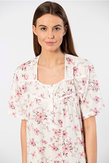 TÜREN Battal Size Floral Patterned Viscose Women's Nightgown - Short Sleeve