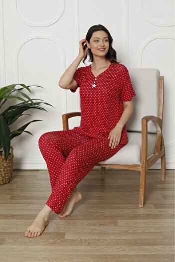 ASMATEKSTİL Red and White Polka Dot Women's Pajamas Set