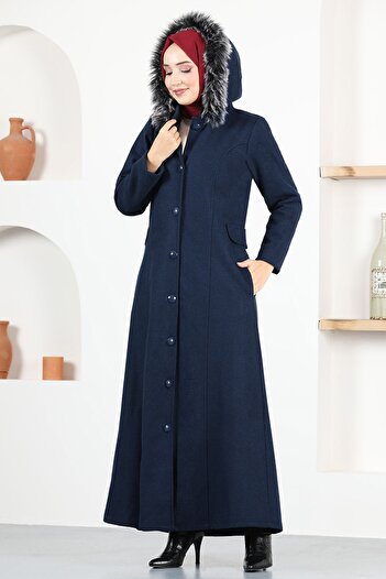 ModaMerve Navy Blue Stamped Coat - Msl3039