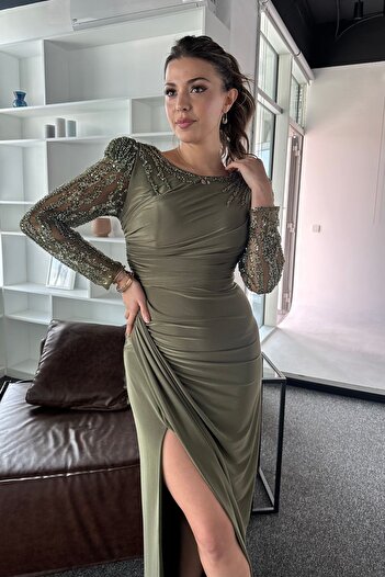 İyem Abiye Crystal Fabric Design - Stone Printed Evening Dress with Tulle Sleeves and Back Detail