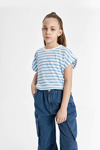 DeFacto B6697A8 Kız Çocuk Oversize Fit Jersey Çizgili Kısa Kollu Tişört