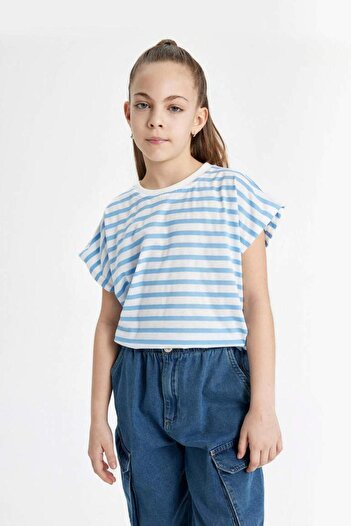 DeFacto B6697A8 Kız Çocuk Oversize Fit Jersey Çizgili Kısa Kollu Tişört