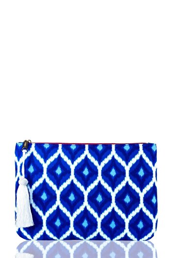 FARBAG Premium Blue Ikat Beyaz Püskül Kadın Portföy Çanta