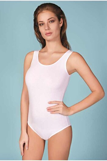 Berrak Women's White 4-Piece Lycra Bodysuit with Snaps at the Bottom and Wide Straps 2083
