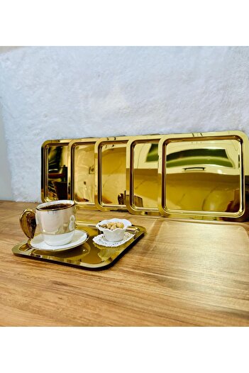 BİMOTE 6'lı GOLD Paslanmaz Çelik 21x21cm Kare Çay, Kahve, Pasta Servis Tepsisi Dekoratif Sunum Tepsisi