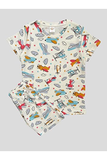 elmas kids Boy's Cotton Corded Helicopter Airplane Patterned Short Sleeve Shorts Summer Pajamas Set
