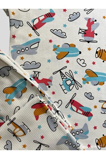 elmas kids Boy's Cotton Helicopter Airplane Patterned Ribbed Short Sleeve Summer Pajamas Set