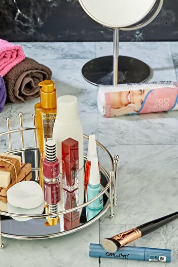 FBZhome Lüks Yuvarlak Aynalı Gümüş Paslanmaz Dolu Çelik Banyo Düzenleyicisi Tepsi