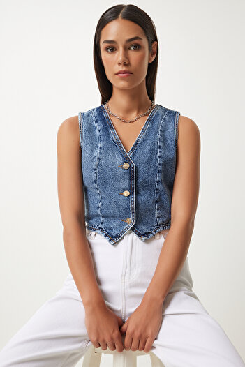 Happiness İstanbul Dark Blue V-Neck Crop Denim Women's Vest - DP00204