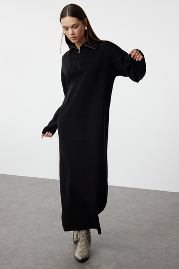 Trendyol Modest Άνετο μαύρο πλεκτό φόρεμα με φερμουάρ - TCTAW25EB00013