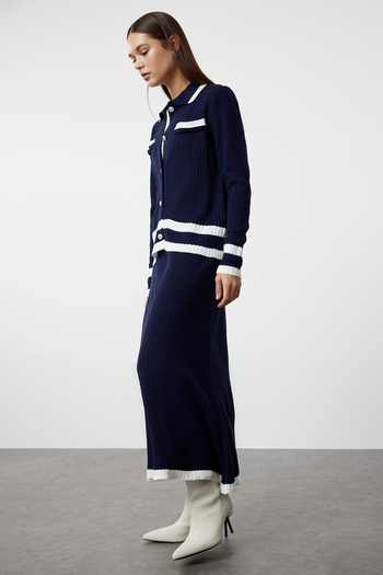 Trendyol Modest Navy Blue Blocked Knitwear Cardigan and Skirt Set - TCTAW25US00008