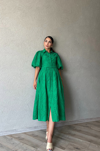 Seda Yalçın Atelier Green Belted Balloon Sleeve Pleat Detailed Brode Dress