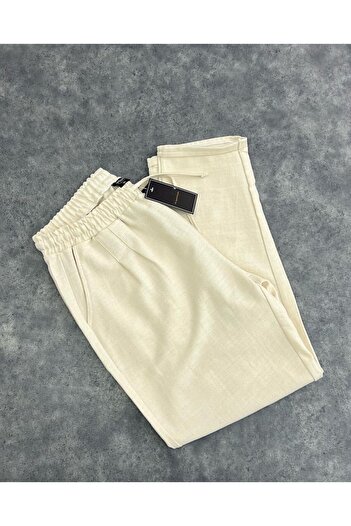 Oliggopol Erkek Krem Boyfriend Keten Pantolon Rahat Kesim Duble Paça Jogger