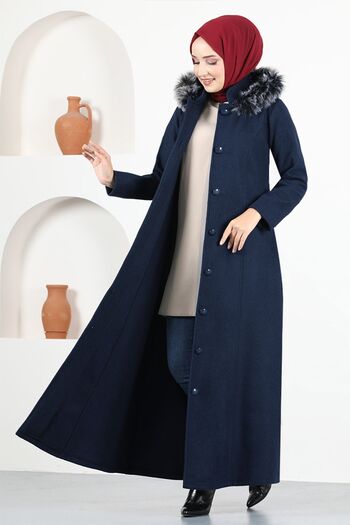 ModaMerve Navy Blue Stamped Coat - Msl3039