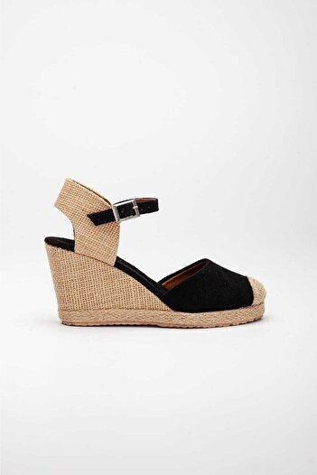 Star Tombis Black Linen Handmade Espadrille - Open Back Wedge Heel with Straw Toe