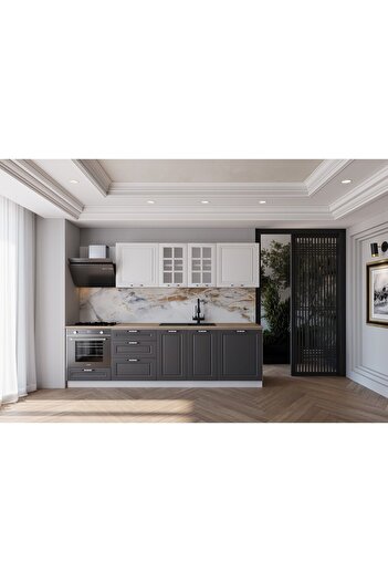 visasconcept 260 Cm Mdf Gövde Mebran Kapak Üç Çekmeceli Inci Hazır Mutfak - Antrasit - Beyaz(TEZGAH DAHİL)