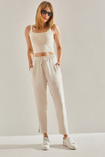 Bianco Lucci Ecru Linen Shalwar Trousers - Leg Detail, Elastic Waist and Pocket60251017