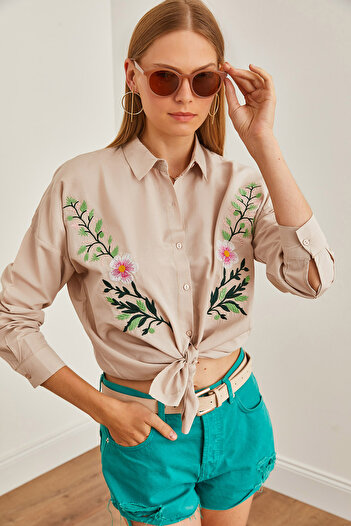 Olalook Stone Embroidered Violet Women's Oversize Shirt - GML-19001228